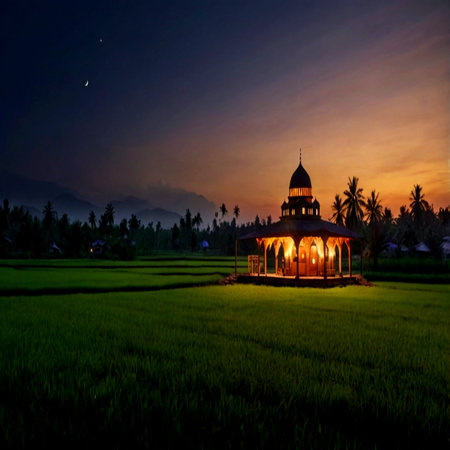 Silhouette of a pavilion in a rice field at sunset