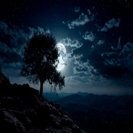 Lonely tree on the hillside at night with full moonの写真素材