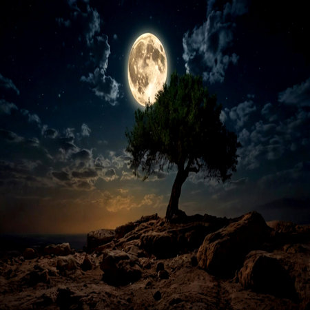 Night landscape with lonely tree and full moon.の写真素材