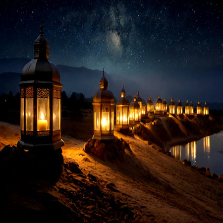 Ramadan Kareem greeting card. Beautiful view of illuminated lanterns in the desert at night. Selective focusの写真素材