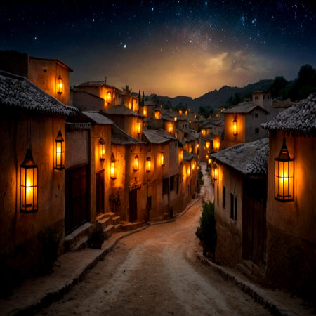 Night view of the old houses in the village in the mountains.の写真素材