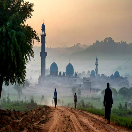 View of a mosque in the morning mist, India