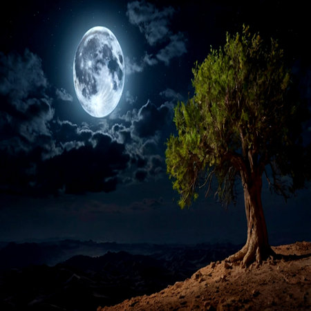 Tree in the desert on the background of the moon.の写真素材