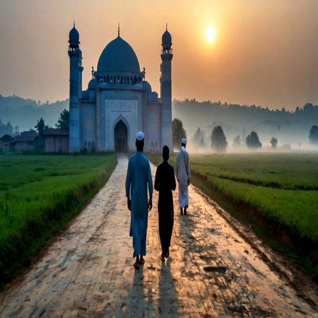 Three people walking on a dirt road towards a mosque at sunrise, Agra, Indiaの写真素材