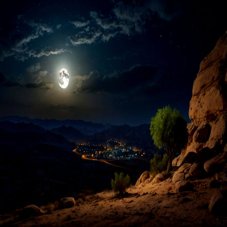 Moonlight over the city of Petra, Jordan at night in full moon lightの写真素材