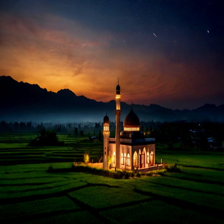 Mosque in the middle of rice field at night with beautiful sky