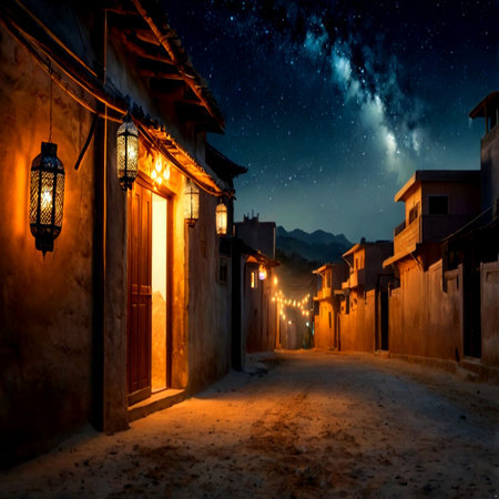 Night view of a street in the old town of Essaouira, Moroccoの写真素材