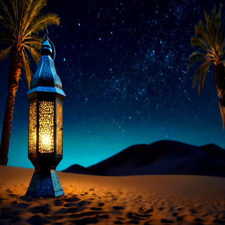 Lantern in the desert at night. Ramadan Kareem backgroundの写真素材