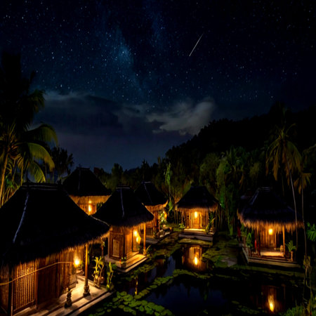Beautiful night sky with stars and milky way over bungalows