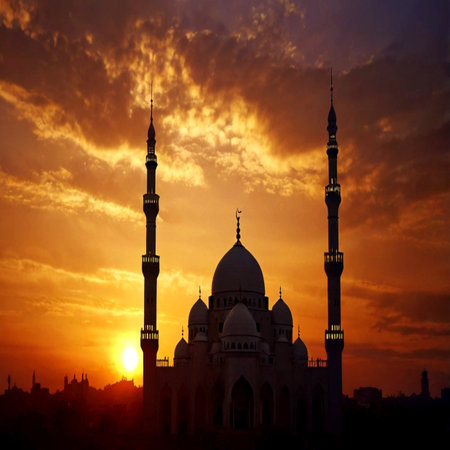 Silhouette of the mosque against the background of the setting sunの写真素材