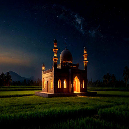 Beautiful night view of the mosque in the rice field at sunset.