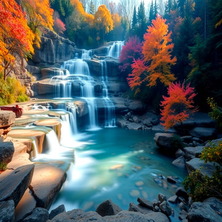 Waterfall in autumn forest. Beautiful nature scene with colorful trees.