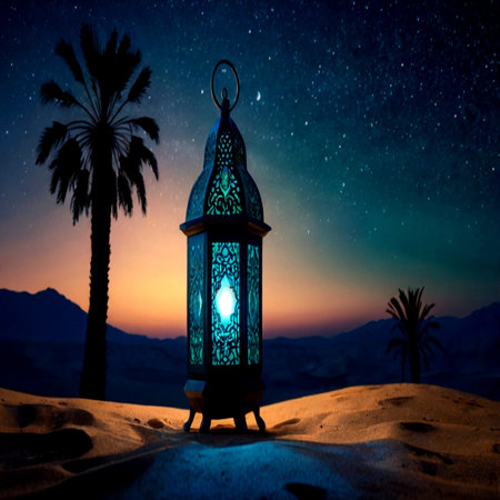 Lantern in the desert at night. Ramadan Kareem backgroundの写真素材