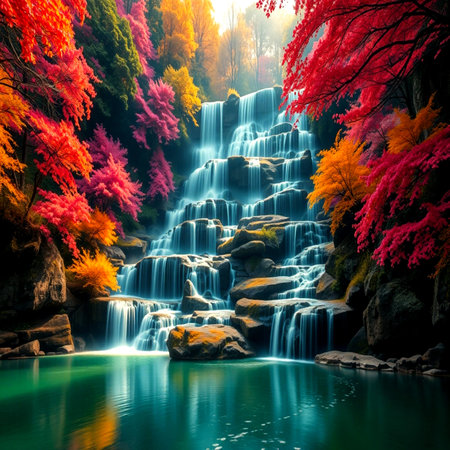 Waterfall in autumn forest with colorful trees, natural landscape background.