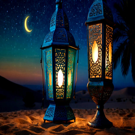 Ramadan Kareem greeting card. Islamic lanterns on the beach at night