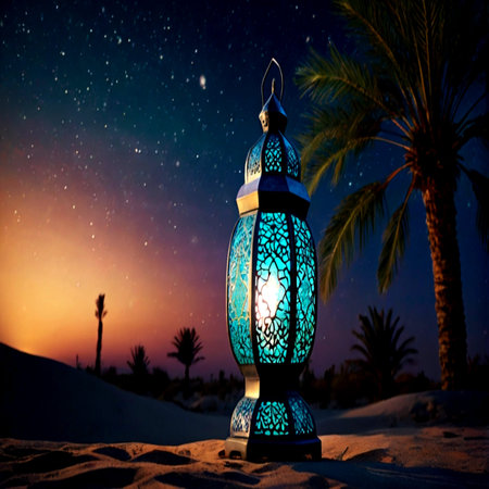 Lantern in the desert with palm trees and starry sky
