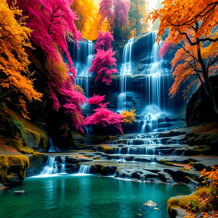 Beautiful waterfall in autumn forest. Colorful leaves on waterfall.