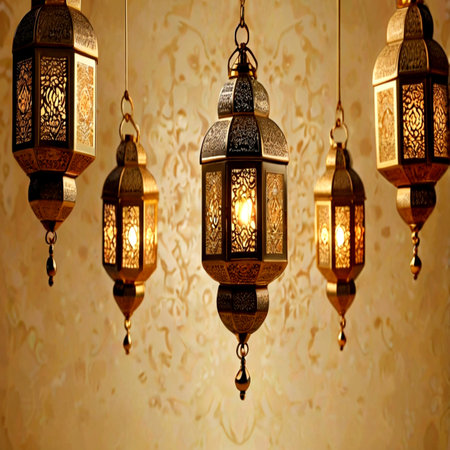 Beautiful ornamental Arabic lamps hanging on the ceiling.