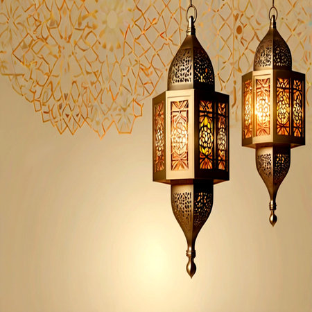 Arabic lanterns on the wall. Ramadan Kareem background.