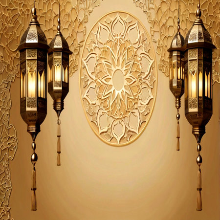 Arabic lanterns on the wall. Ramadan Kareem background.