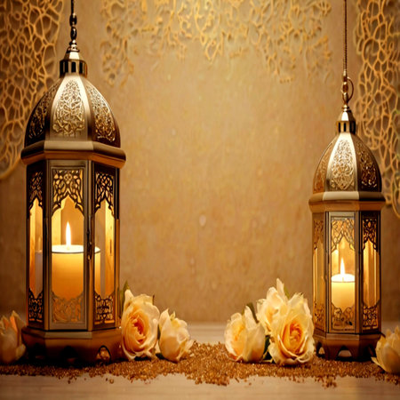 Arabic lanterns with roses on the table. Ramadan Kareem backgroundの写真素材