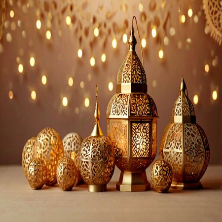 Decorative Arabic lanterns on bokeh background. Ramadan Kareem greeting card.