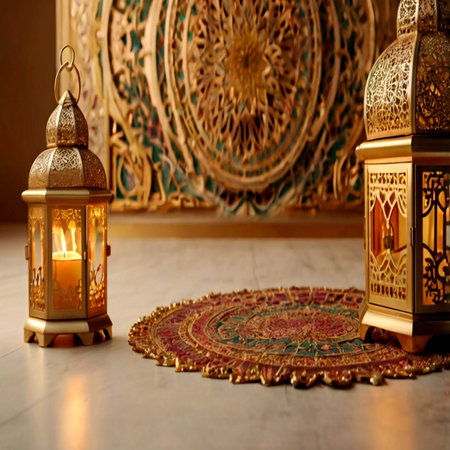Lanterns and carpet on the floor. Ramadan Kareem background.
