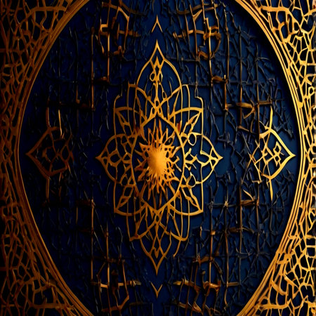 Close up of golden oriental pattern on blue wall. Abstract background.