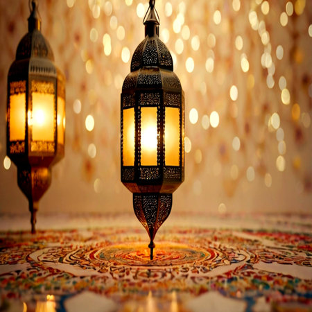 Lanterns on the carpet. Ramadan Kareem background.
