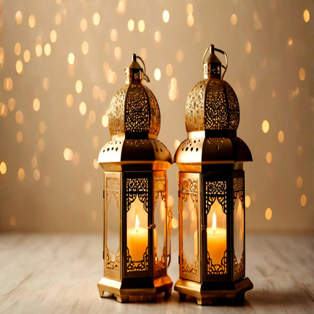 Beautiful lanterns with burning candles on bokeh background