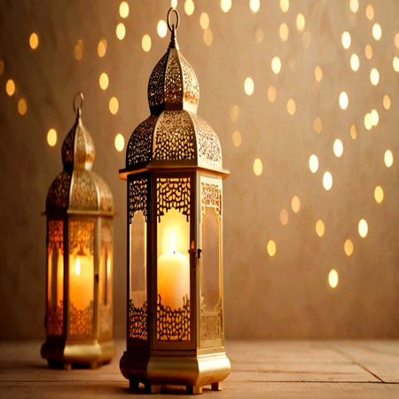 Ramadan Kareem greeting card. Arabic lanterns with burning candles on bokeh backgroundの写真素材