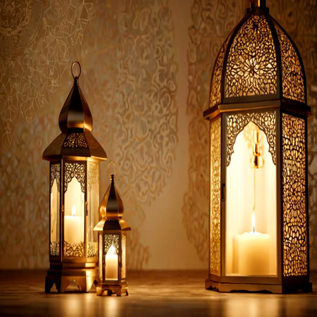 Arabic lanterns with burning candles on the background of the wall