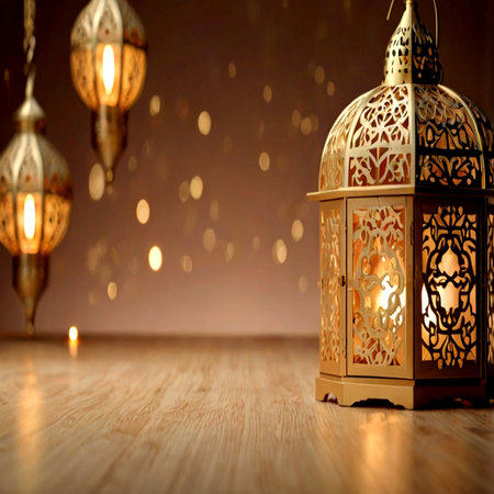Arabic lanterns on wooden floor with bokeh lights background