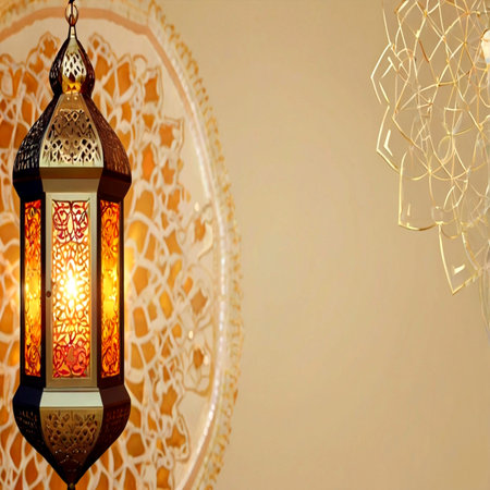 Lantern on the background of oriental pattern. Ramadan Kareem.
