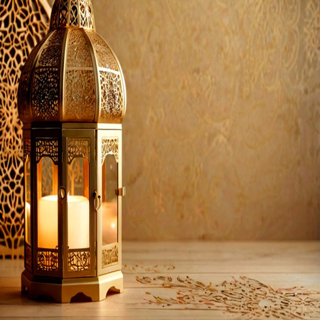 Beautiful Arabic lantern on a wooden table. Ramadan Kareem background.