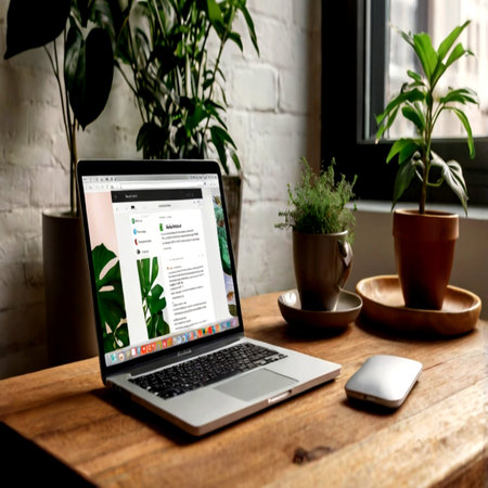 Laptop screen displaying a website on a desk with plants and a cup.