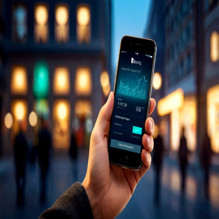 male hand holding smart phone with stock market app on screen over blurred background