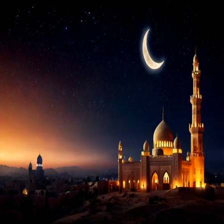 Mosque at night with moon and stars. Ramadan Kareem background