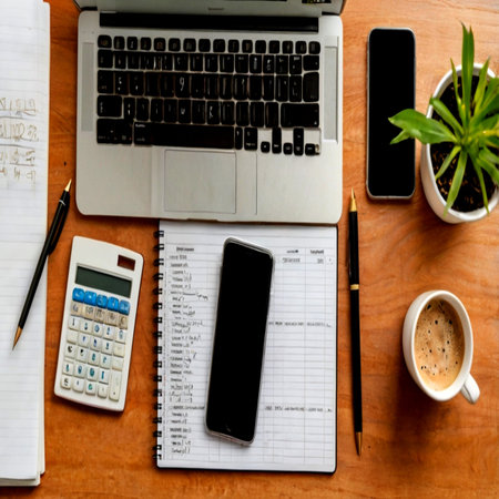 Office desk table with laptop, smartphone, notebook and cup of coffee. Top view with copy space