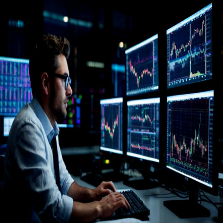 Businessman analyzing stock market data on multiple computer screens in night office.