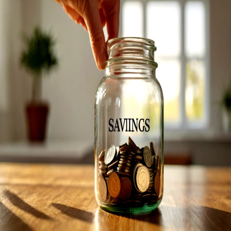 Coins in a glass jar with the word savings. Saving concept.