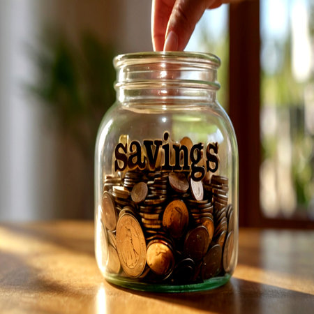 Hand putting coin into a glass jar with savings word on the background