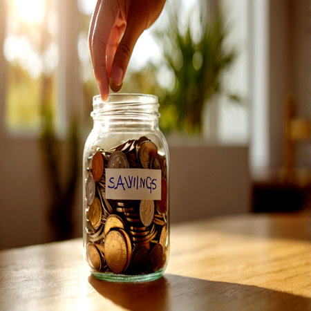 Coins in a glass jar with the inscription saving. Saving concept.