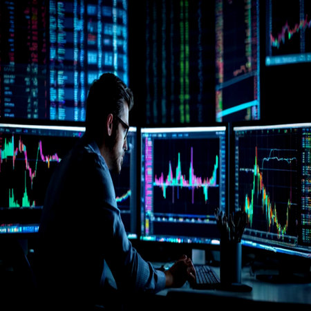 Side view of trader looking at computer monitor with stock market data in the background.