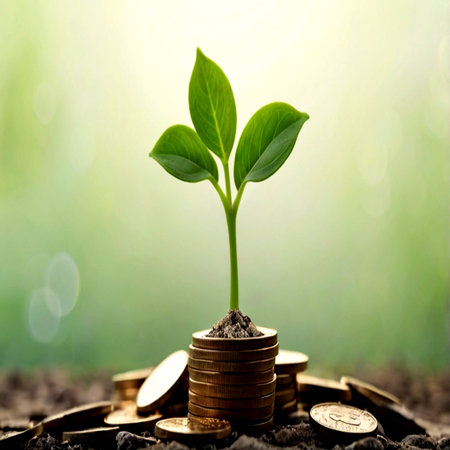 plant growing on coins with bokeh background, business growth concept