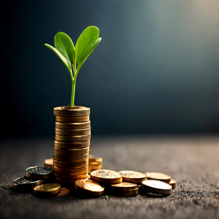 Investment concept, Coins stack with green seedling on dark background