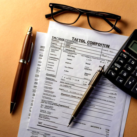 Tax form with pen, calculator and eyeglasses.