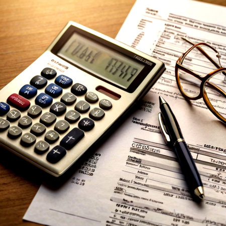 Calculator, pen, glasses and tax form on the table