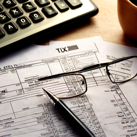Tax form 1040 with calculator and glasses on wooden table, close up