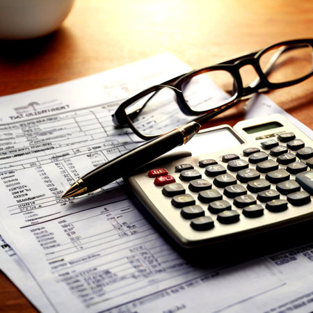 Tax form, calculator and eyeglasses on the wooden table.